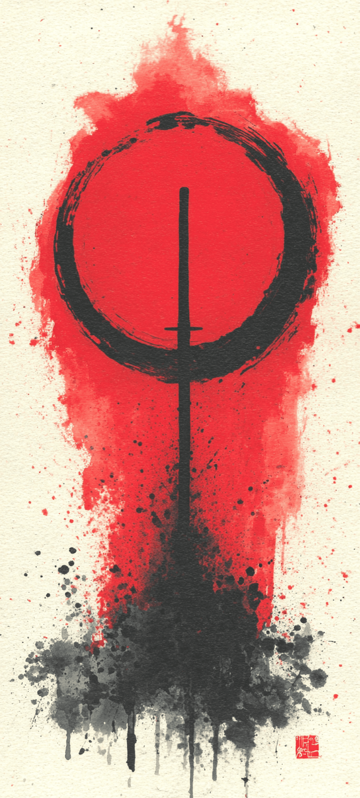 Minimal Japanese-inspired wallpaper featuring a black samurai sword symbol inside a red ink circle with watercolor splashes on textured paper.