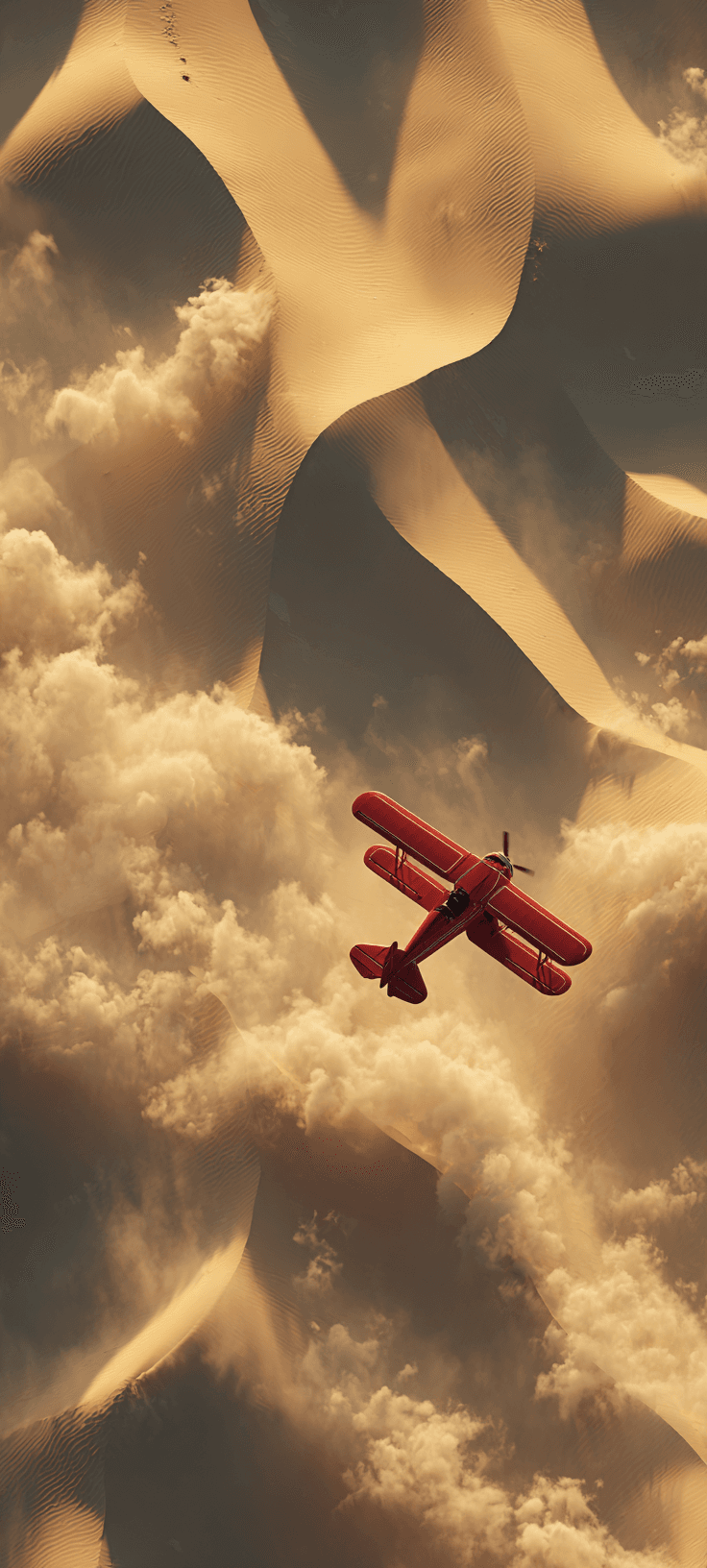 Red Vintage Biplane Over Desert Dunes — A Wallpaper Built for Dreamers