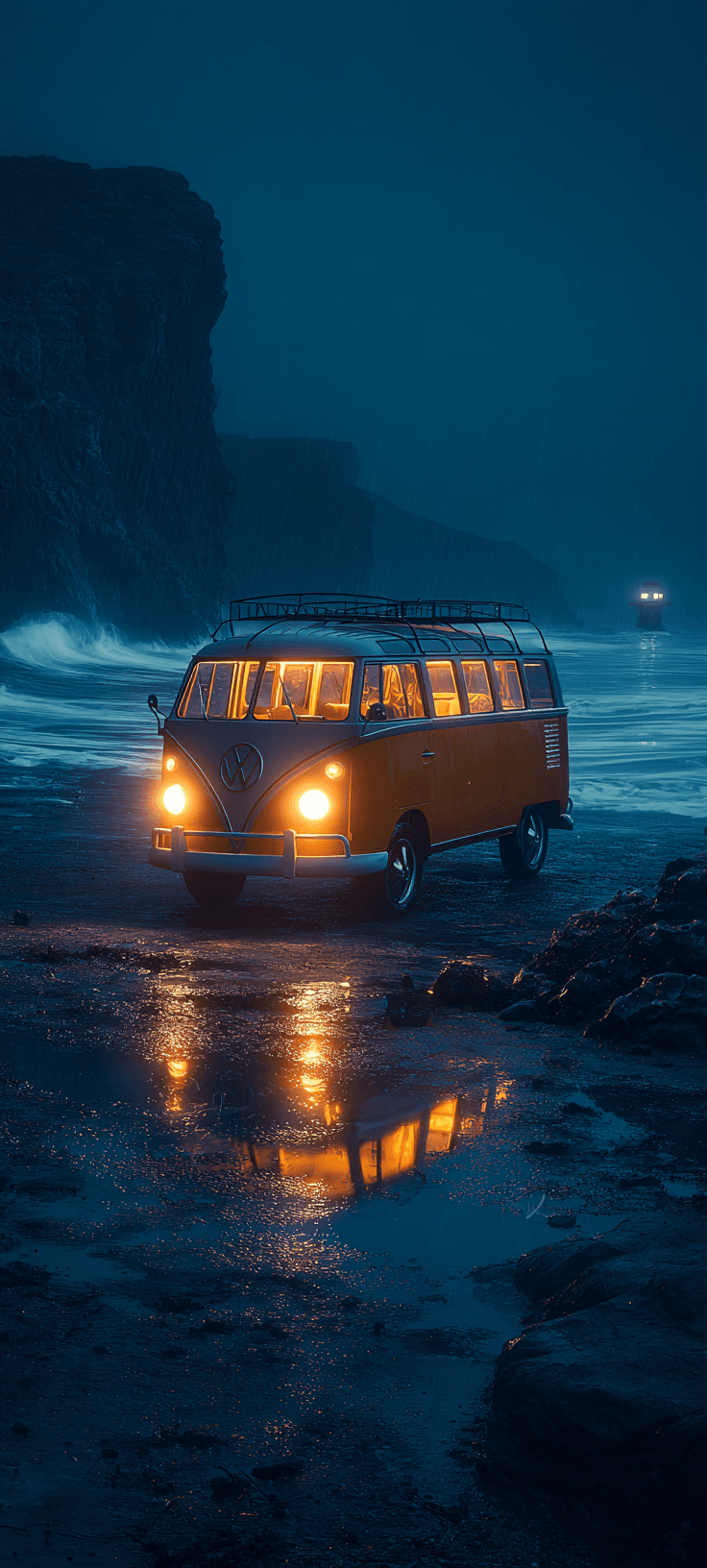 Vintage Aesthetic Phone Wallpaper: Glowing Volkswagen Bus on Dark Beach