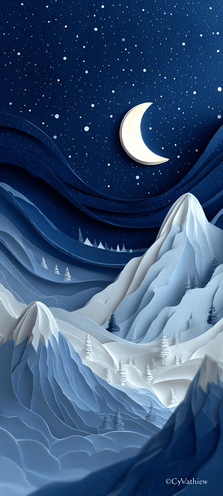 3D Paper Cut Mountain Night – Aesthetic Winter Landscape Phone Wallpaper
