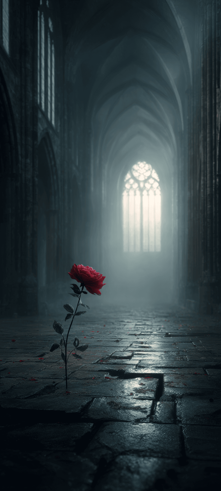Dark Aesthetic Red Rose in Gothic Cathedral Misty Wallpaper | 4K Free Phone Wallpaper for iPhone & Android