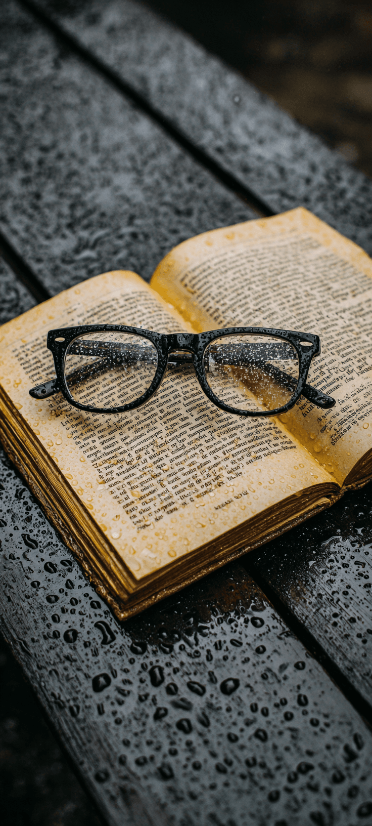 Rainy Vintage Book and Glasses Wallpaper – Moody Literary Aesthetic