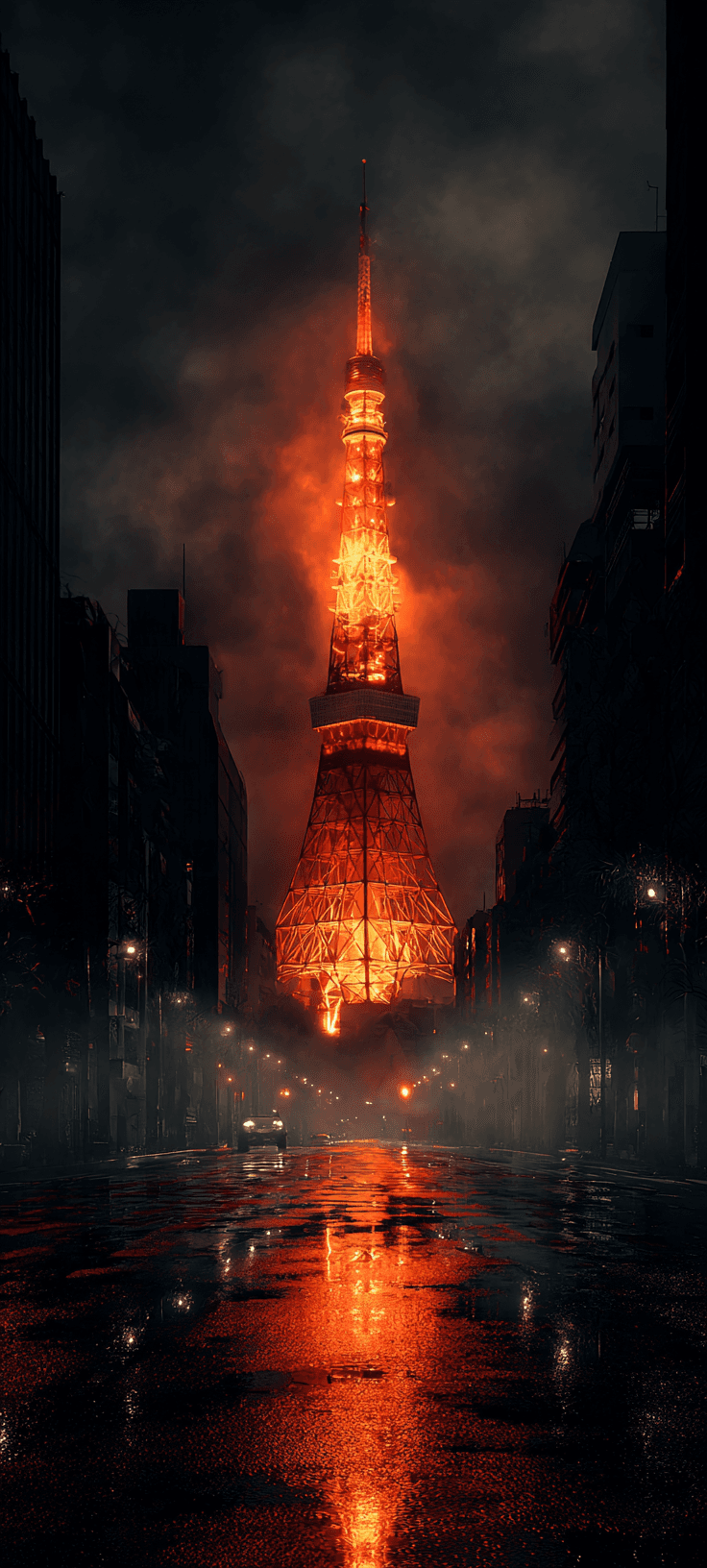 Dark Aesthetic Tokyo Tower Neon Glow Rainy Night Wallpaper | 4K Free Phone Wallpaper for iPhone & Android