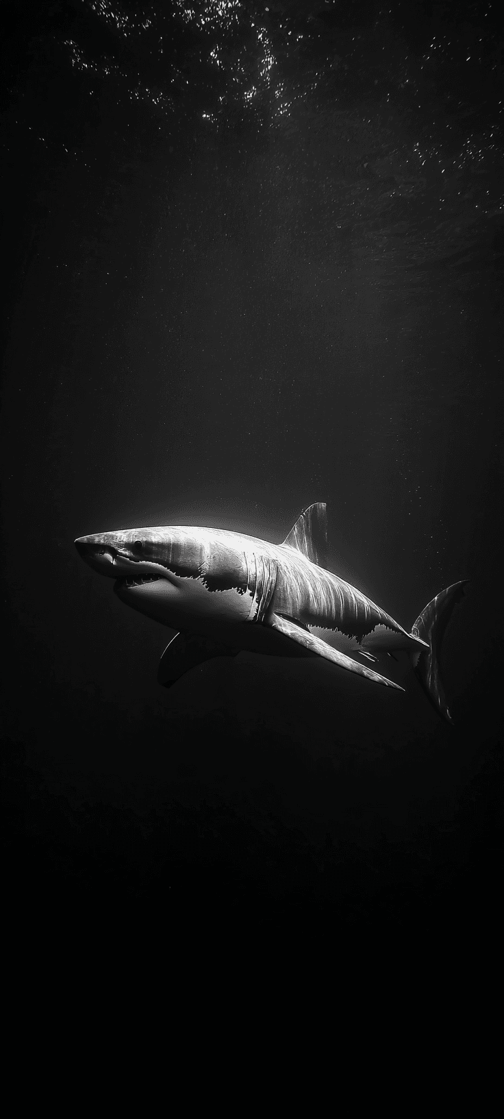 Majestic Great White Shark AMOLED Wallpaper | Minimalist Black & White Underwater Background