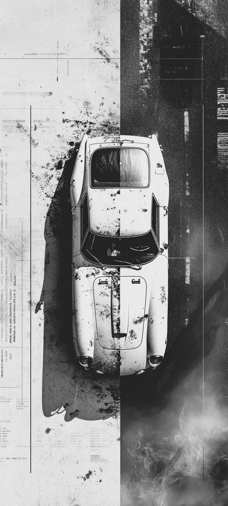 Split Monochrome Vintage Car Wallpaper for a Bold Mobile Aesthetic
