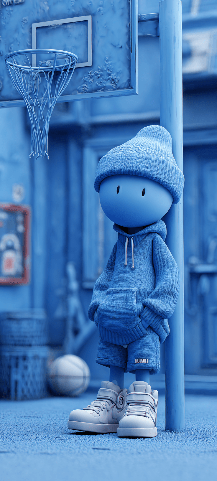 Blue Aesthetic Cartoon Wallpaper with Minimal Street Basketball Scene