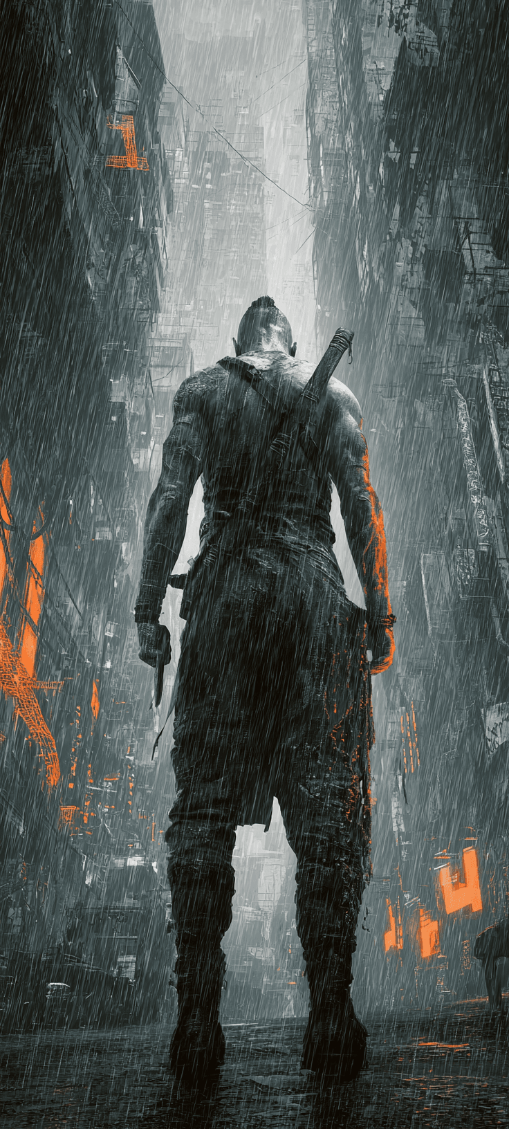 Cyberpunk Warrior in Rain – Dark Dystopian City Wallpaper