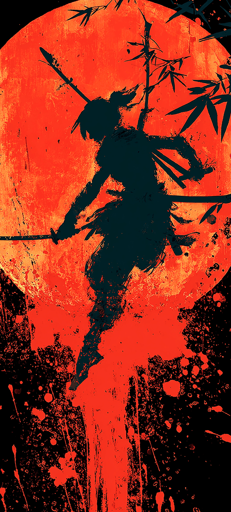 Female Shinobi Wallpaper — Red Moon, Ink Splatter, and Deadly Grace