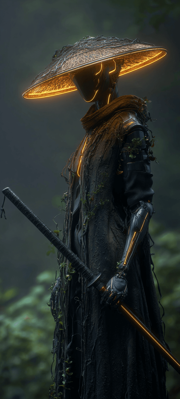 Futuristic Samurai in Forest – Glowing Cyber Aesthetic Wallpaper