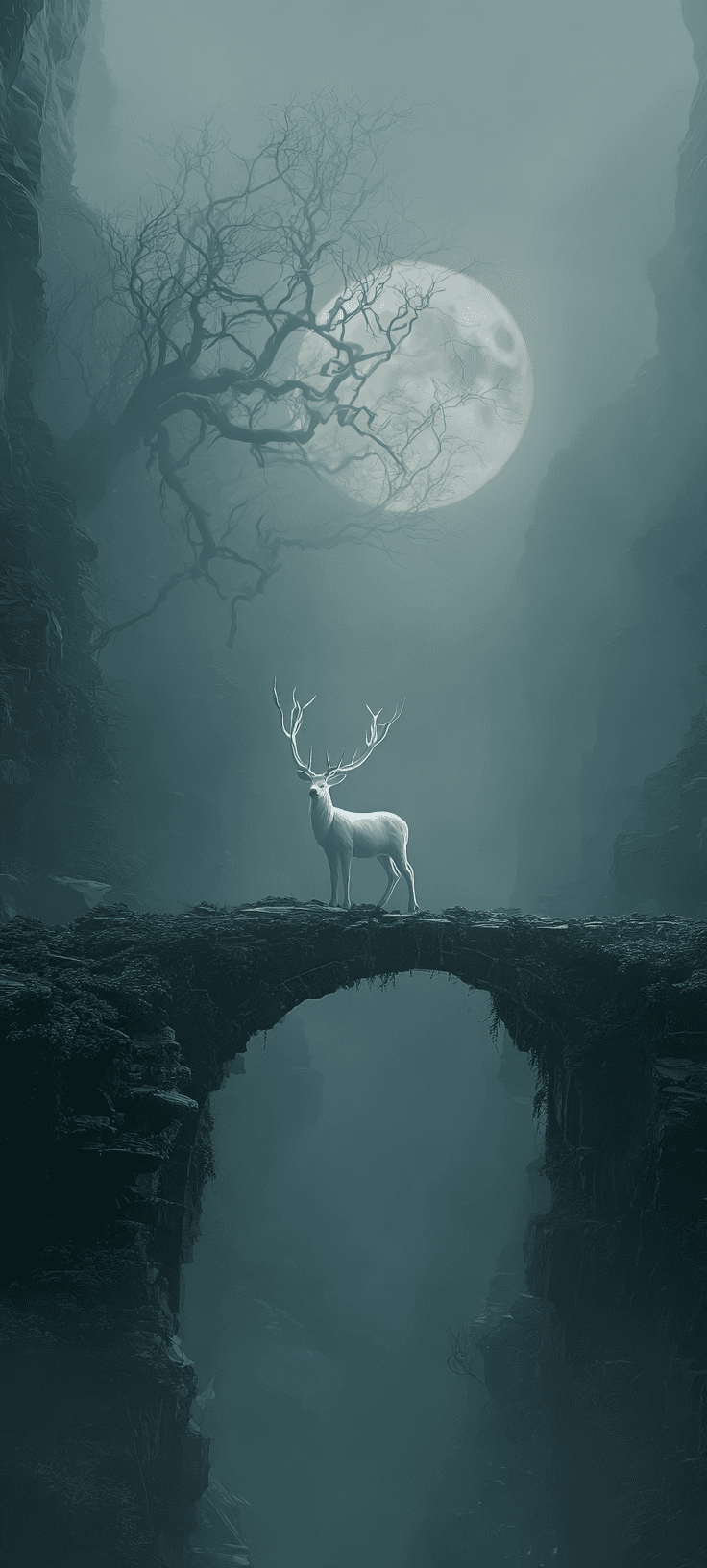 Mystical White Stag Wallpaper – Glowing Antlers in Moonlit Fantasy Canyon