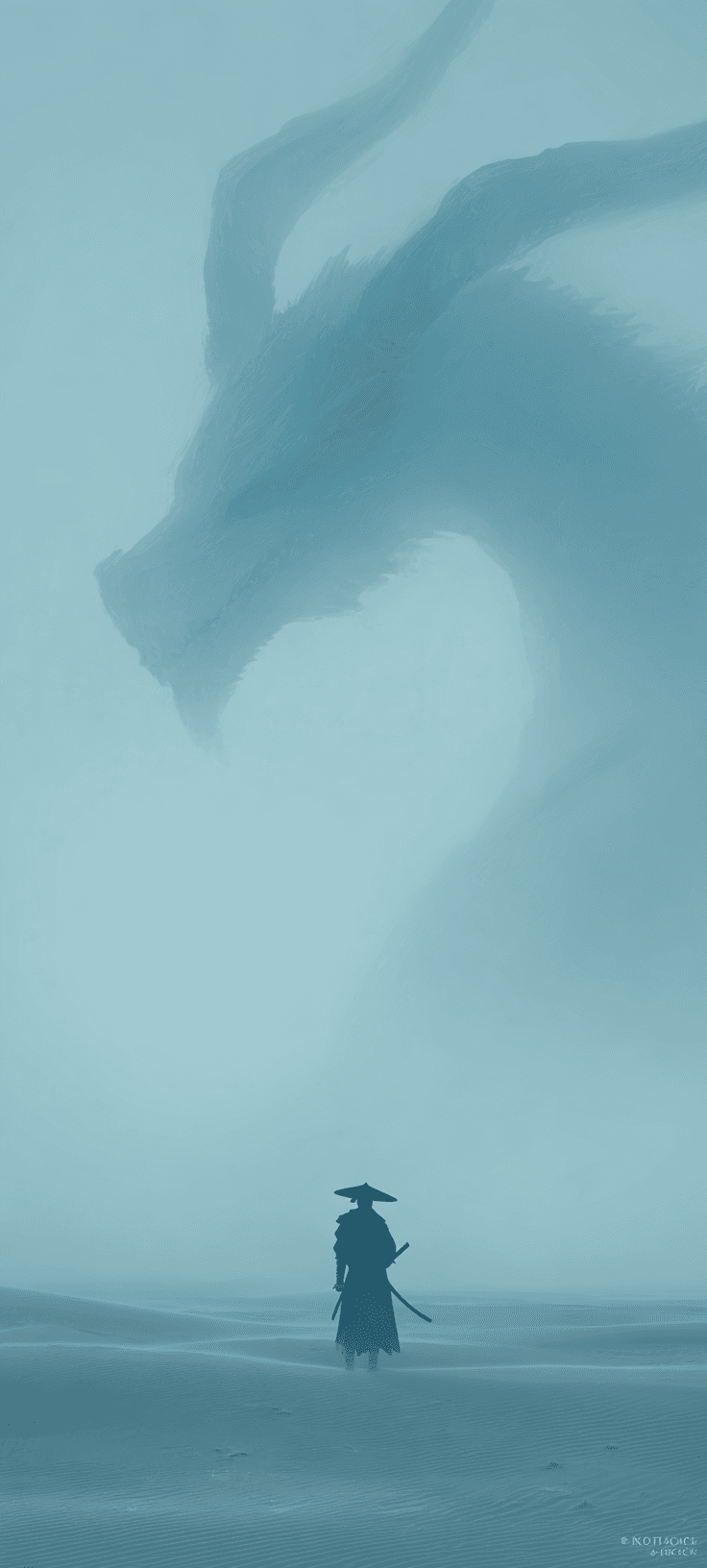 Dragon & Samurai Wallpaper — Misty Blue Ethereal Art for Your Phone