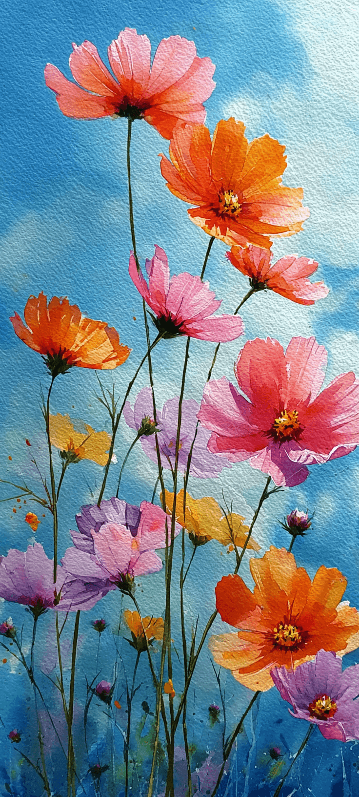 Vibrant Watercolor Cosmos Flowers Wallpaper – Blue Sky Bloom