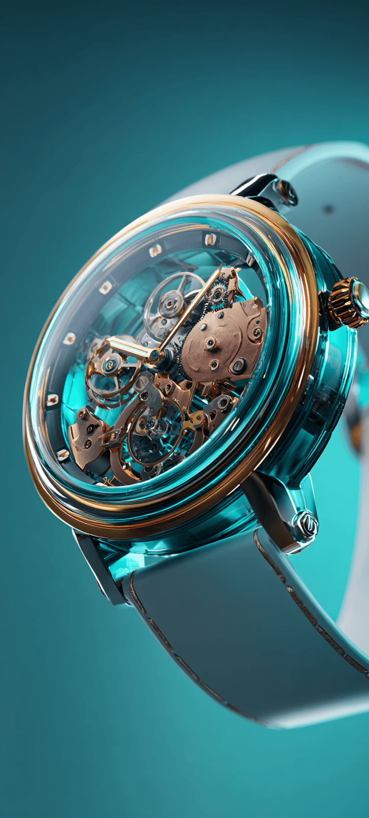 3D Geometric Mobile Wallpaper: Futuristic Mechanical Watch in Teal and Gold