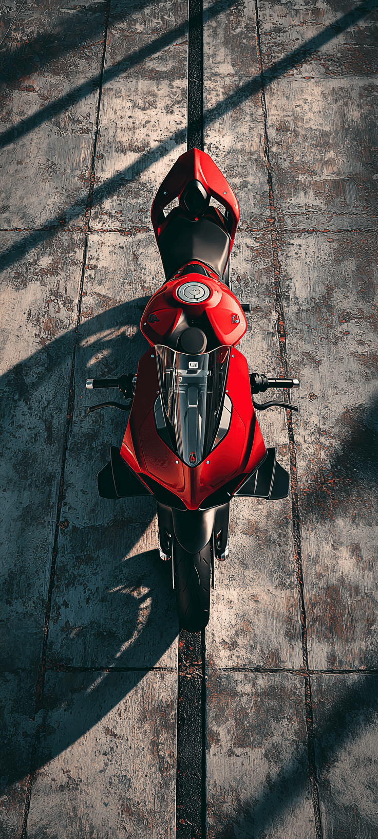 Red Superbike Top View Wallpaper | Sleek Red and Black Motorcycle Aerial 4K Mobile Wallpaper