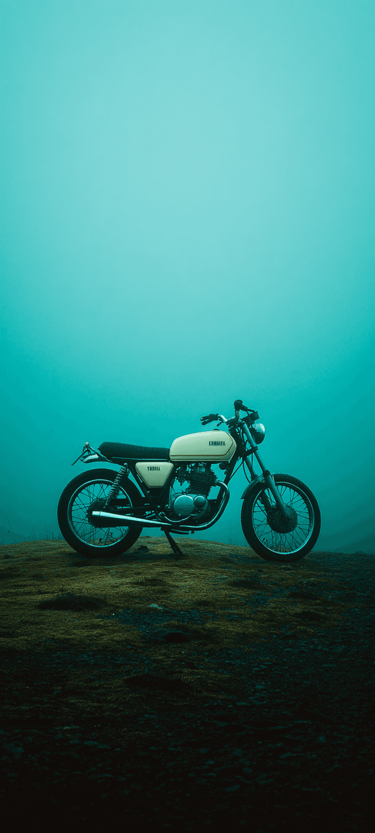 Minimalist Vintage Yamaha Motorcycle Teal Fog Aesthetic Wallpaper | 4K Free Phone Wallpaper for iPhone & Android