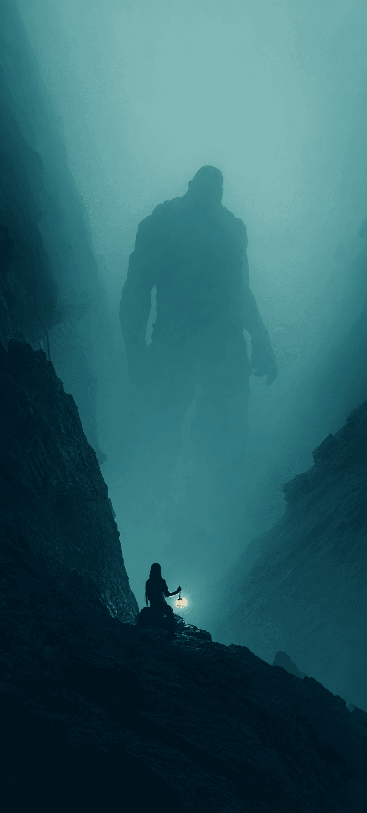 Ancient Stone Titan Silhouette Wallpaper | Epic Fantasy Foggy Landscape 4K Mobile Background