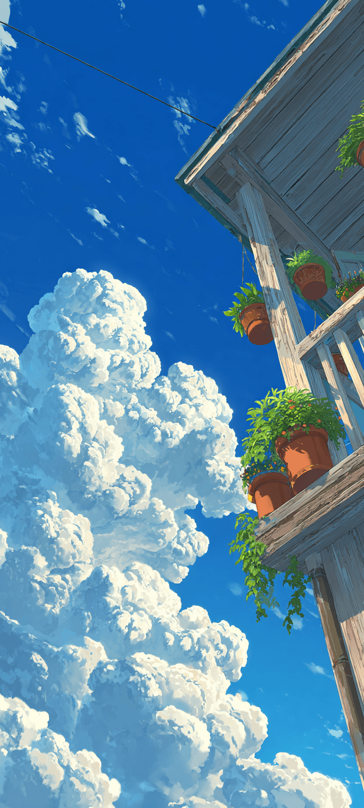 Aesthetic Blue Sky Fluffy Clouds Wooden Balcony Mobile Wallpaper | Free 4K iPhone & Android Background