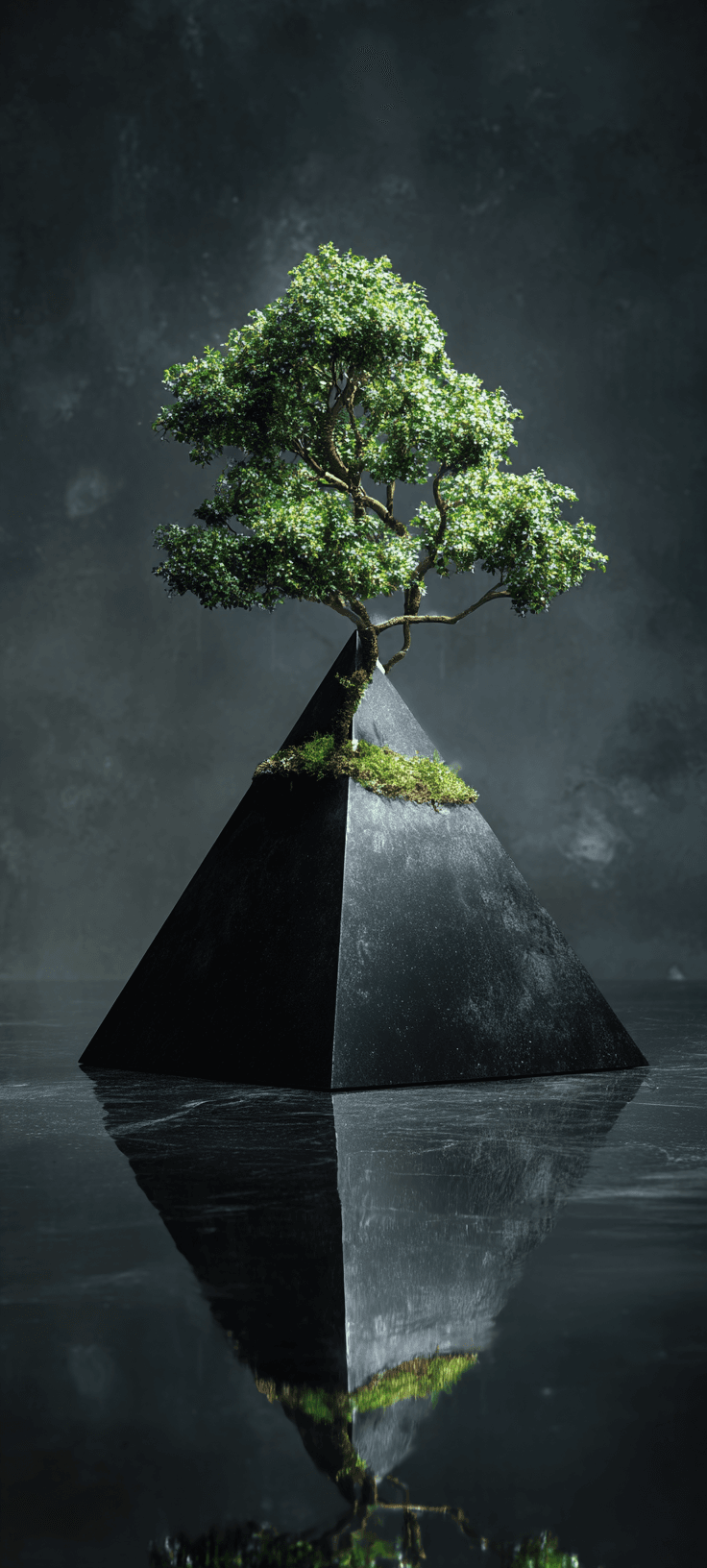 Bonsai Tree on a Black Pyramid — Dark Surreal Nature Wallpaper