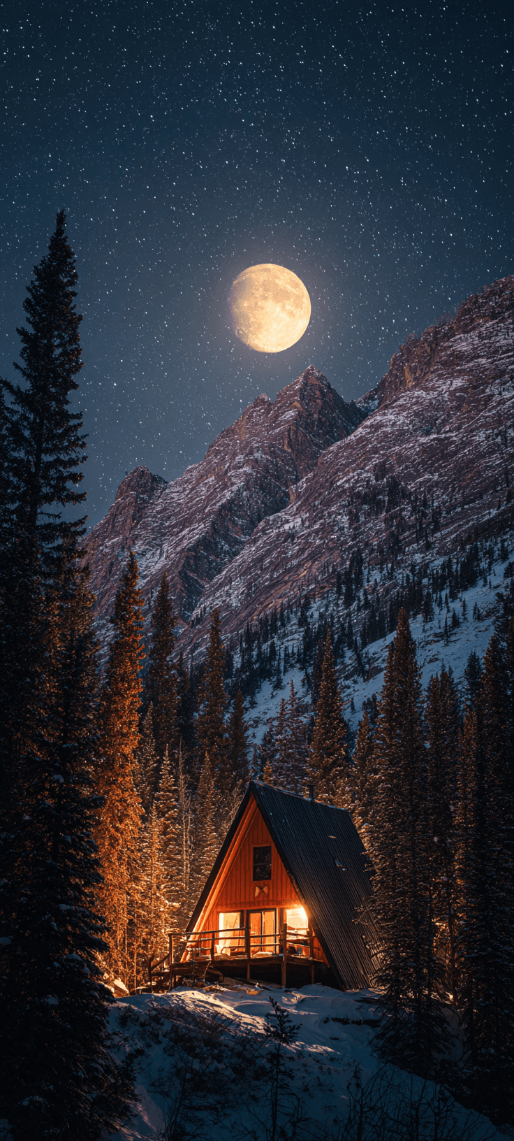 Cozy Mountain Cabin at Night: Nature Wallpaper for iPhone Lock Screen
