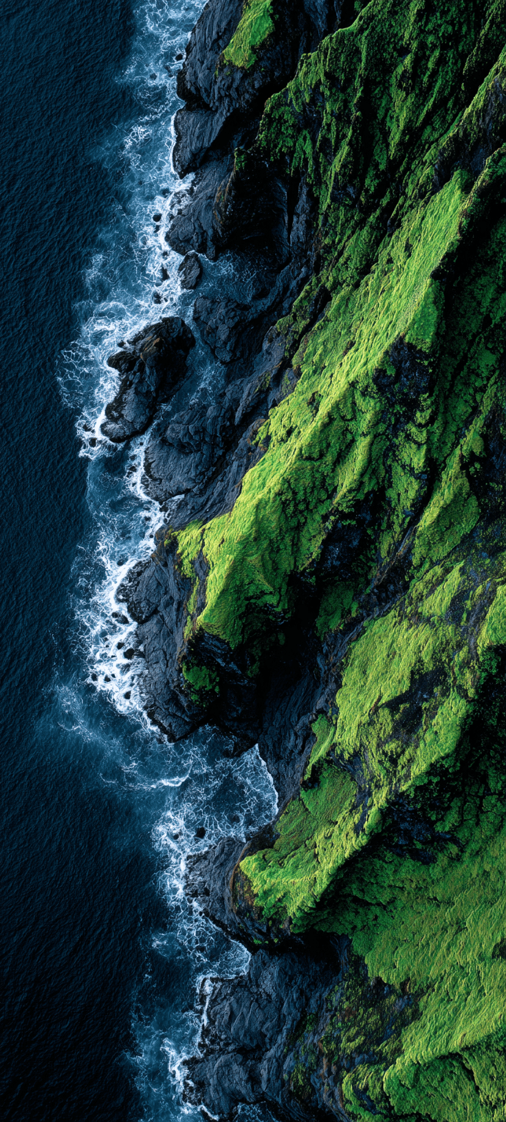 Dramatic Green Moss Cliff Aerial Wallpaper | Dark Volcanic Coast 4K Mobile Wallpaper