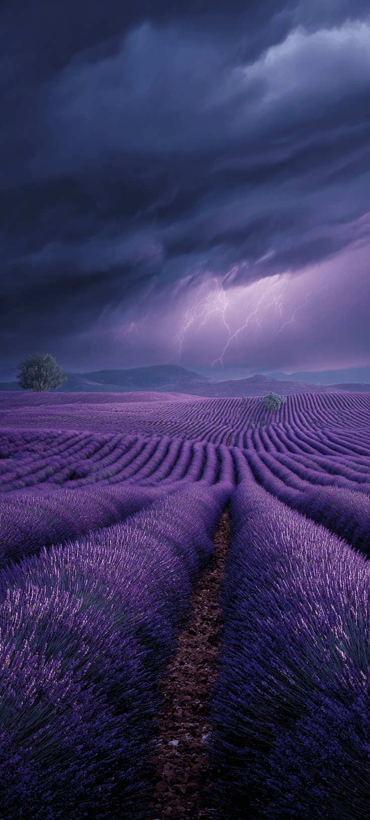Dramatic Lavender Field Lightning Storm – Aesthetic Nature Wallpaper
