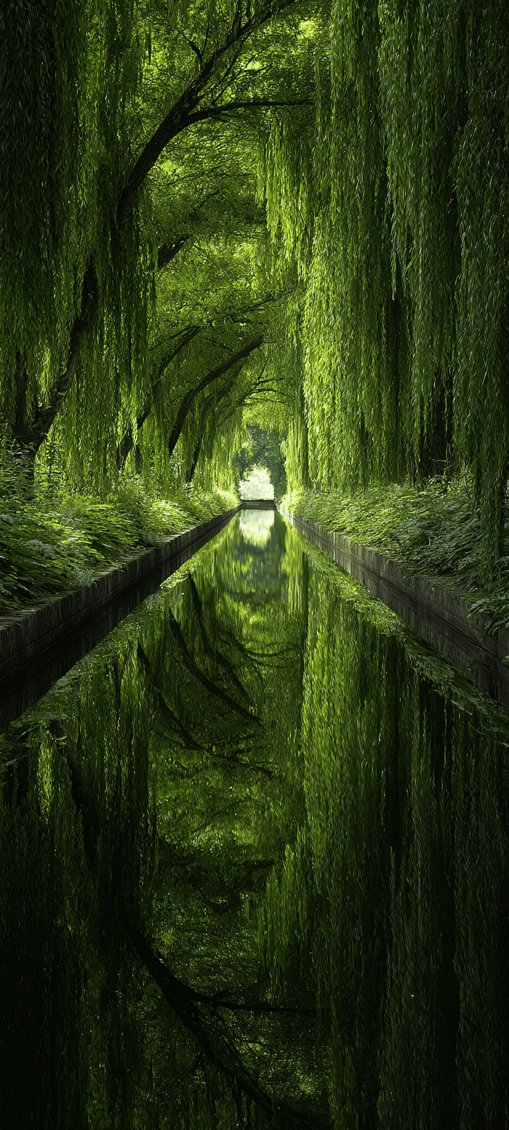 Into the Green: A Dreamy Willow Canal Wallpaper for Nature Lovers