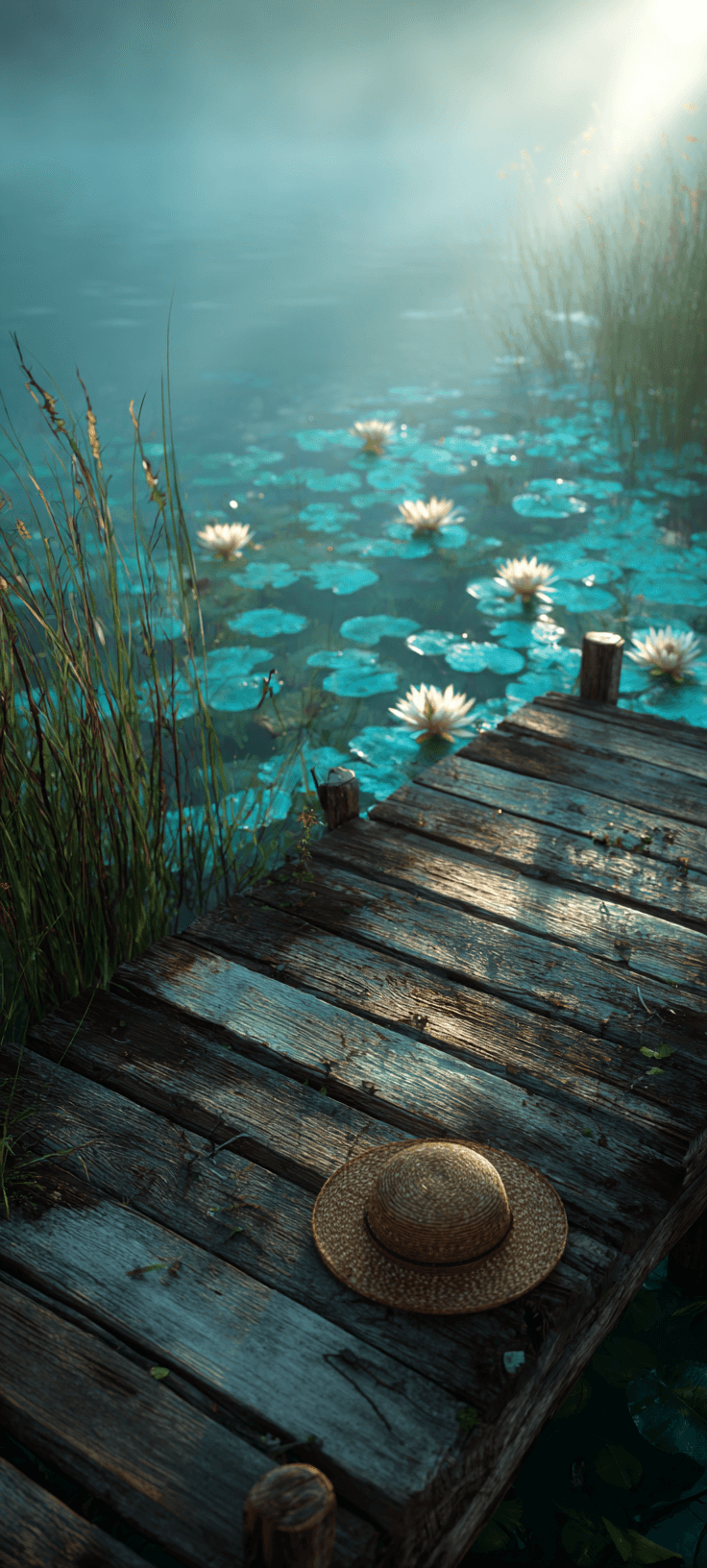 Serene Misty Lake Wallpaper | Aesthetic Dock with Water Lilies Mobile Background