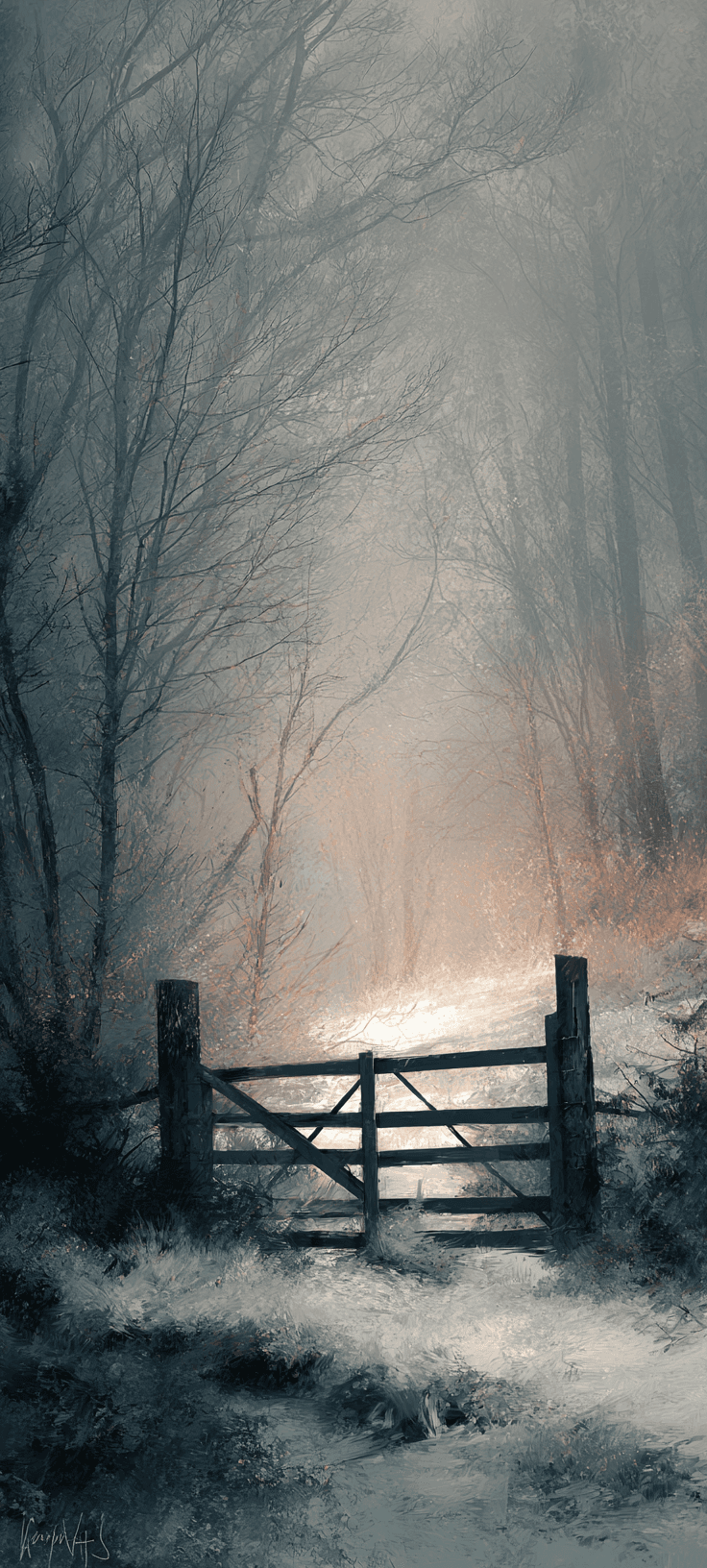 Misty Winter Forest Gate Wallpaper – Ethereal Snowy Path