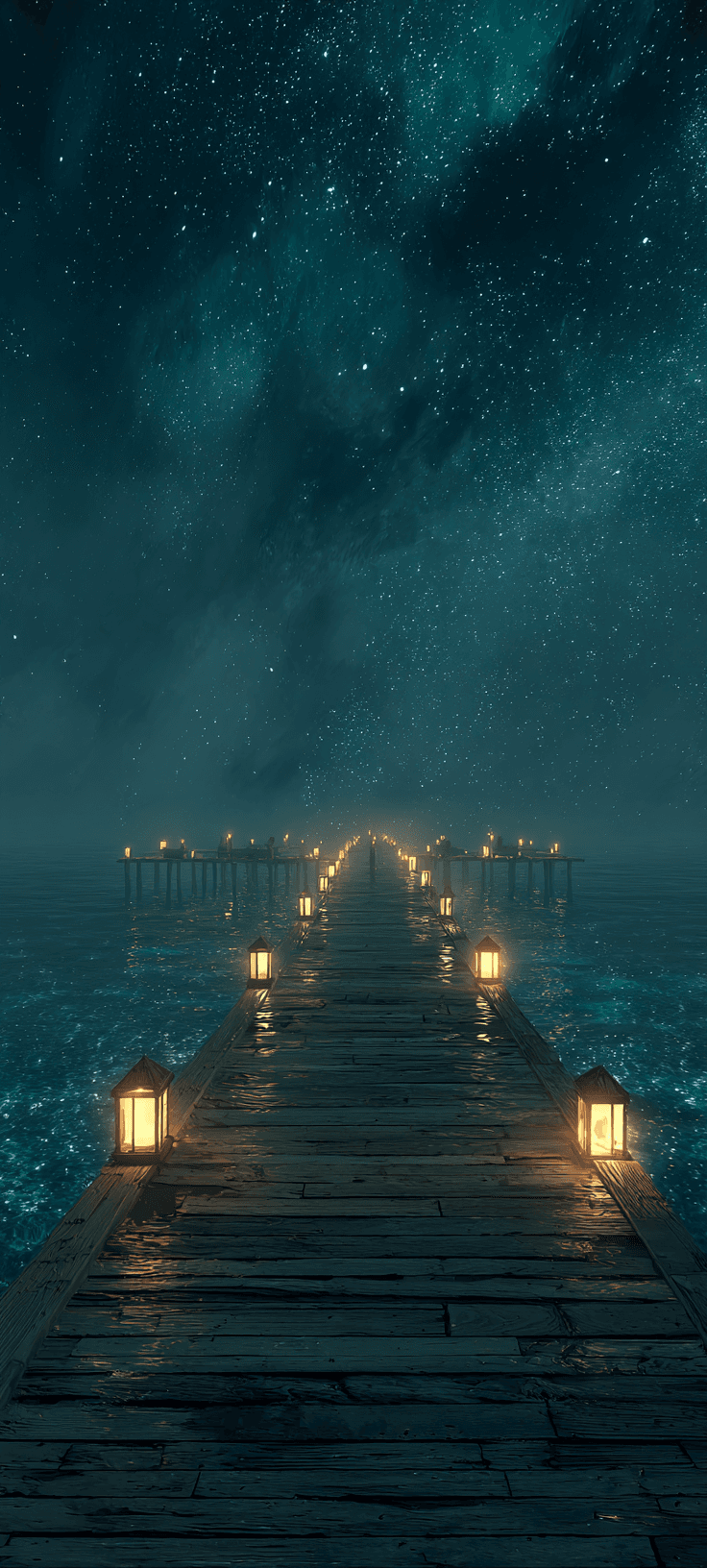Starry Night Pier Wallpaper with Lantern Lights and Ocean Glow