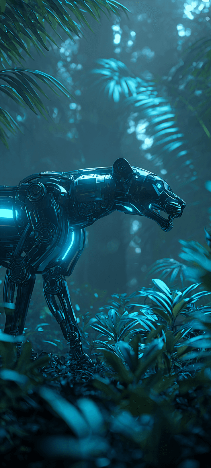 Cyberpunk Robot Panther Jungle Wallpaper with Neon Blue Glow