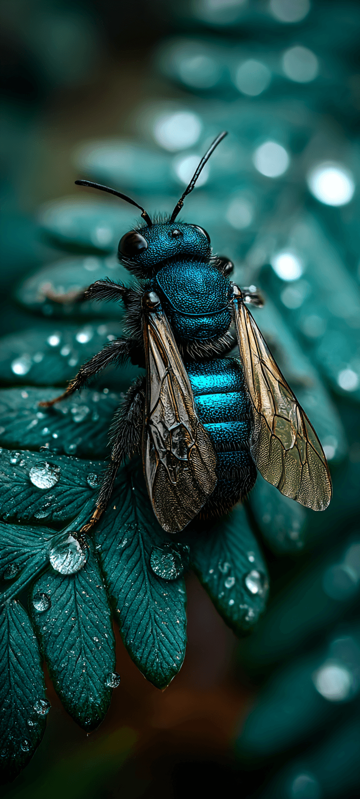 Vibrant Blue Carpenter Bee Macro Shot — Stunning Teal Nature Wallpaper for Your Phone