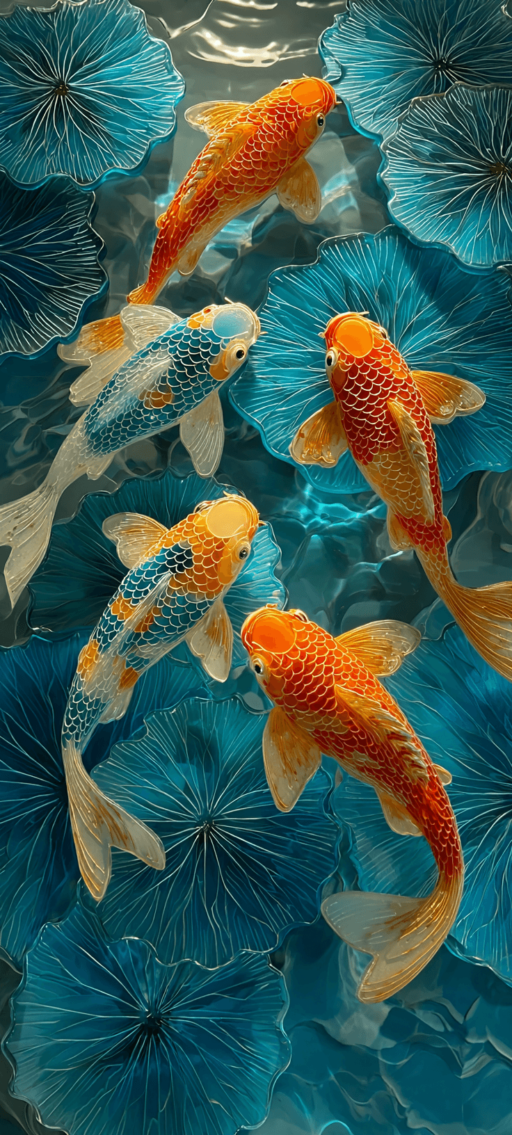 3D Glass Koi Fish Wallpaper — Vibrant Teal & Orange Aesthetic for Your Phone