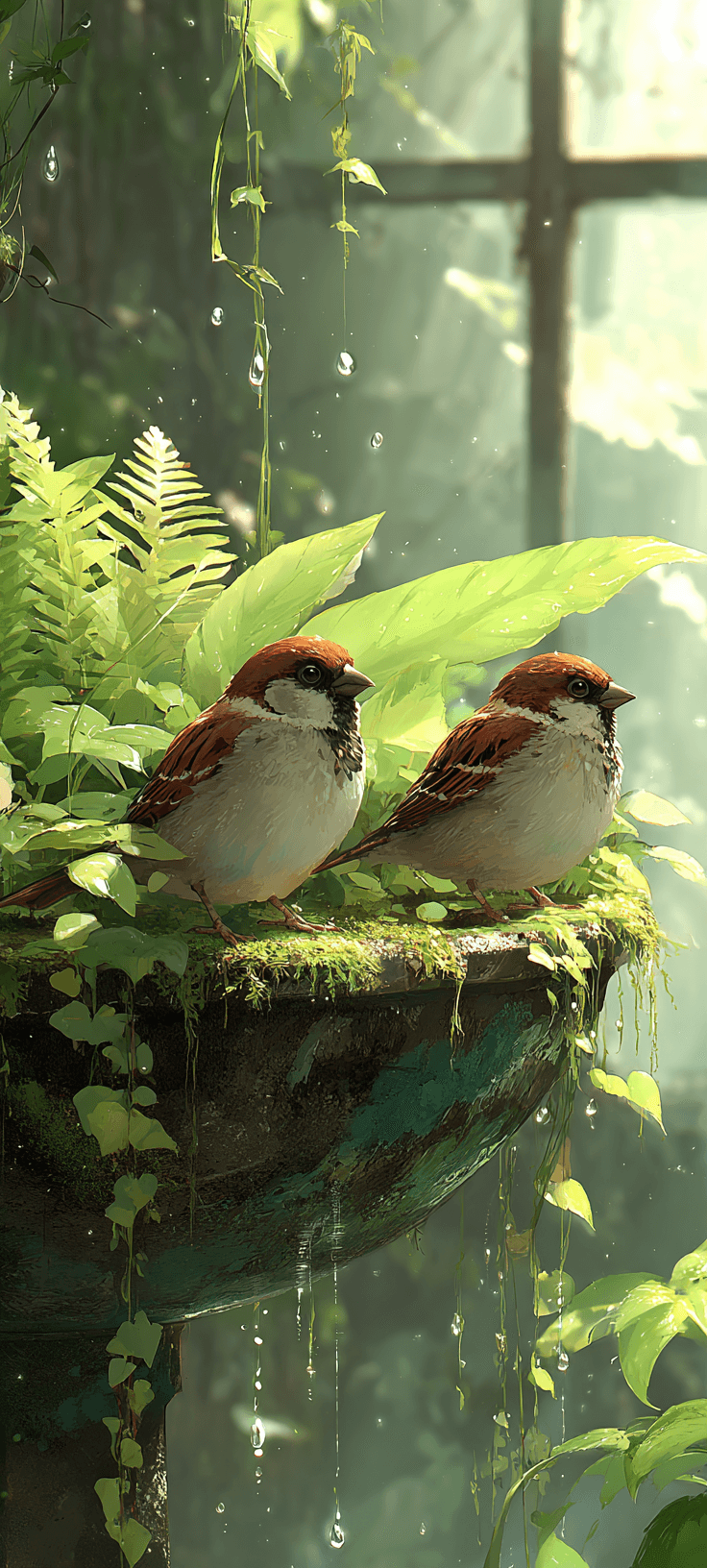 Two Sparrows on Mossy Stone Basin Wallpaper