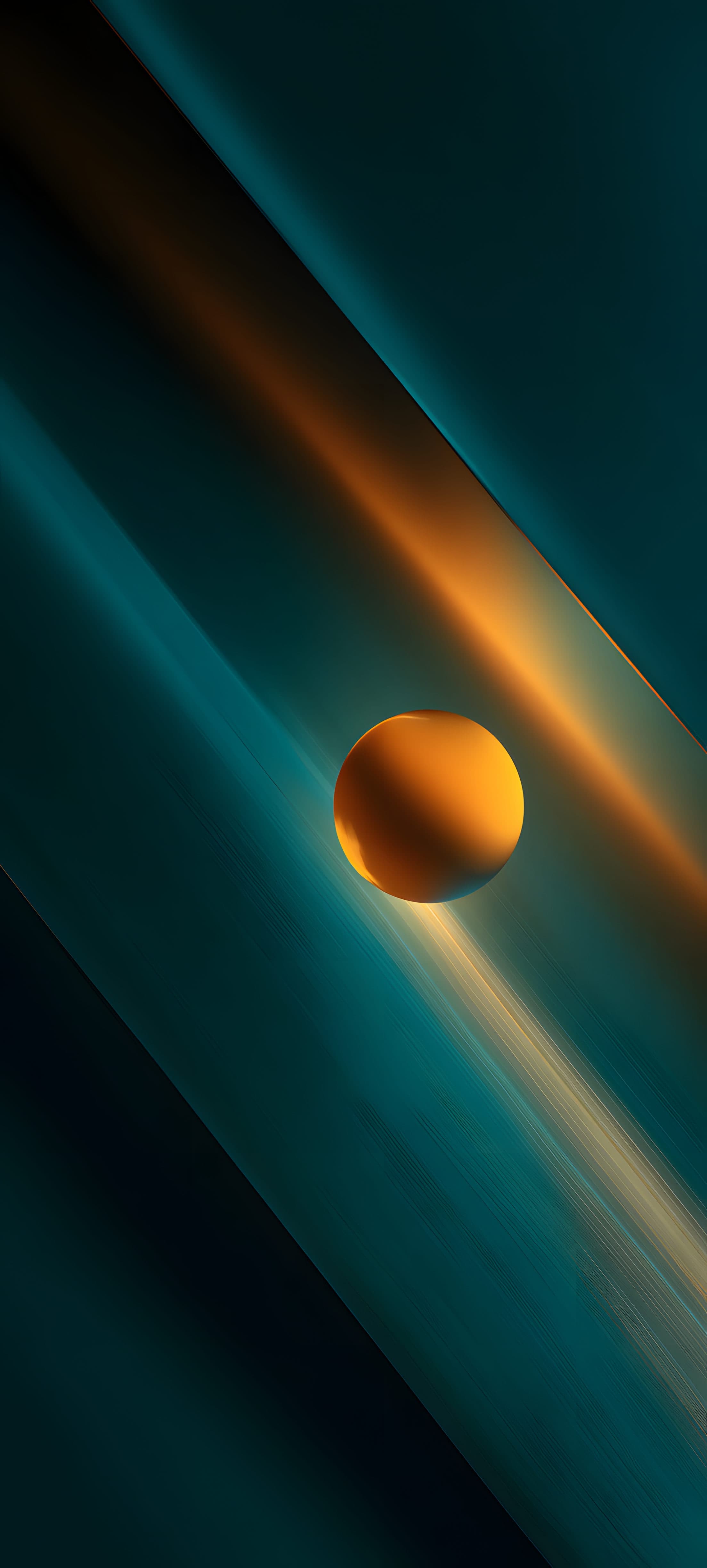 Abstract orange sphere on a blue and teal gradient background, modern minimalist aesthetic wallpaper