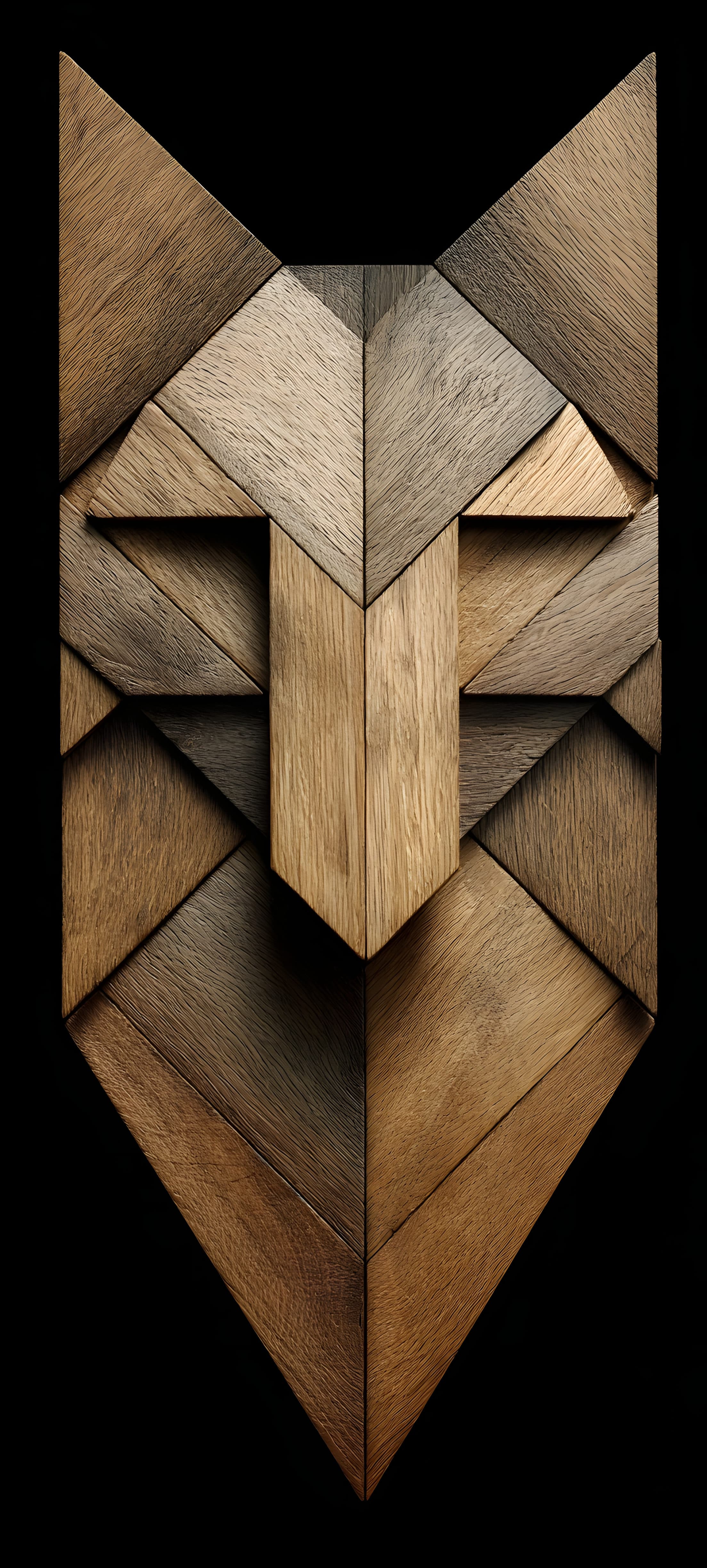 4K geometric wooden owl shield wallpaper with intricate patterns and a rich brown color palette