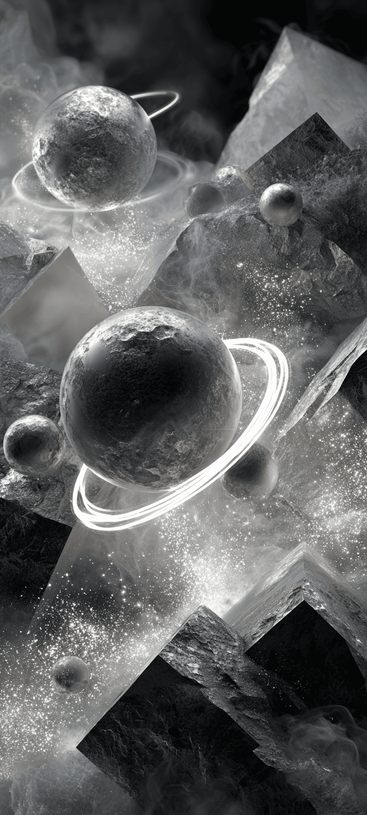 A high-contrast monochrome and silver abstract cosmic scene featuring textured planets with glowing rings, floating crystalline rocks, and shimmering stardust.