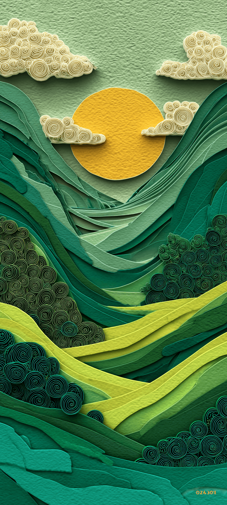 3D paper art lush green valley landscape with layered hills, golden sun and clouds, aesthetic mobile wallpaper