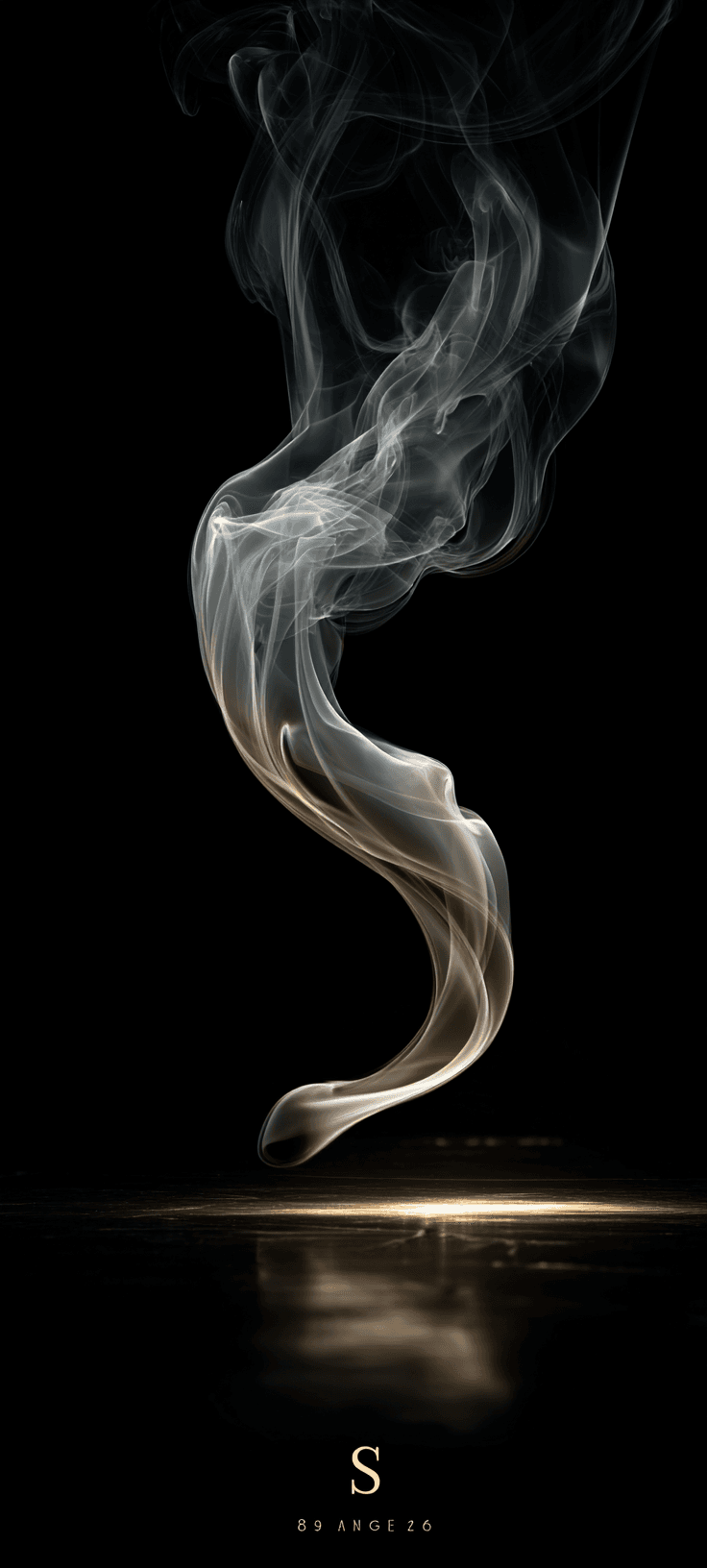 Elegant white smoke swirl curling gracefully against a black background with golden light reflection, minimalist aesthetic mobile wallpaper