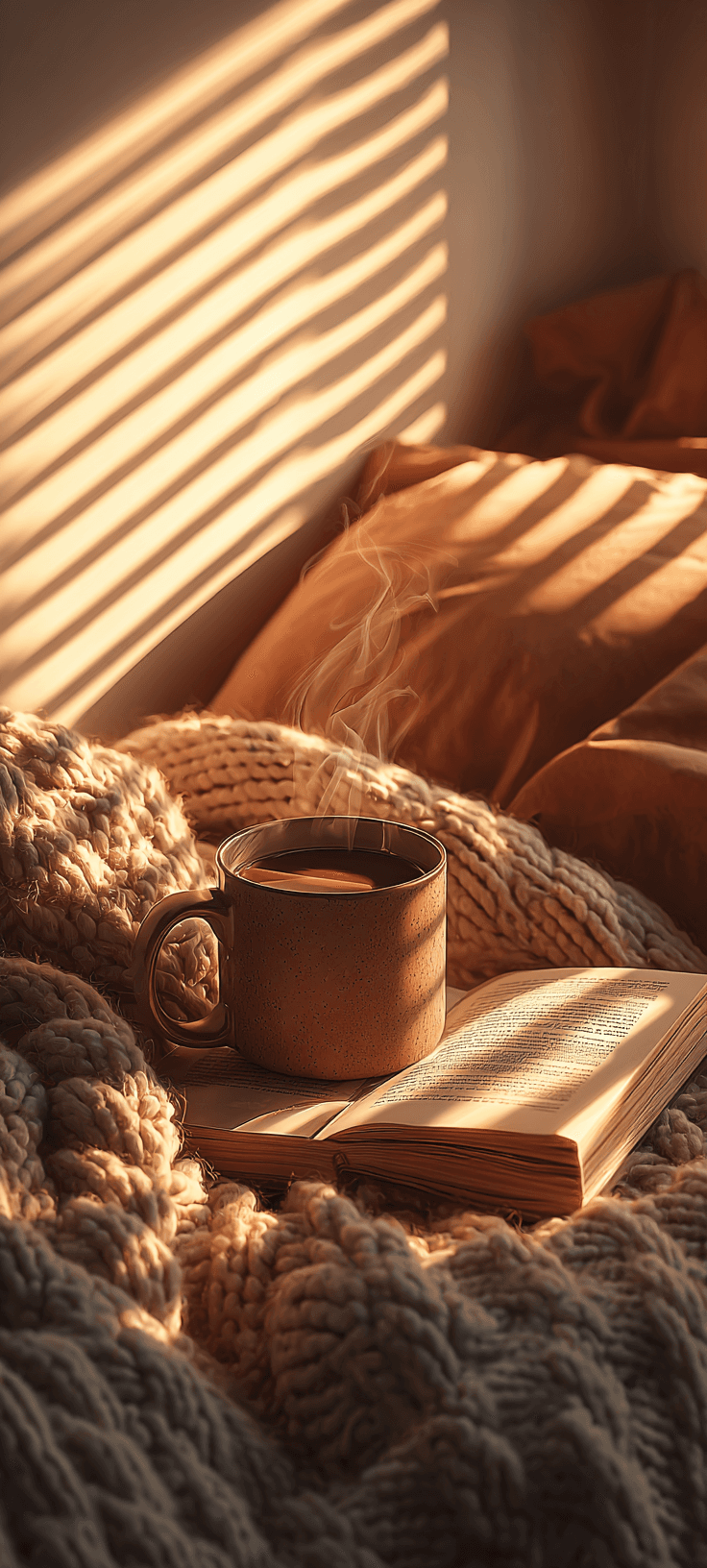 A cup of coffee and an open book on a textured blanket in a sunlit bedroom.