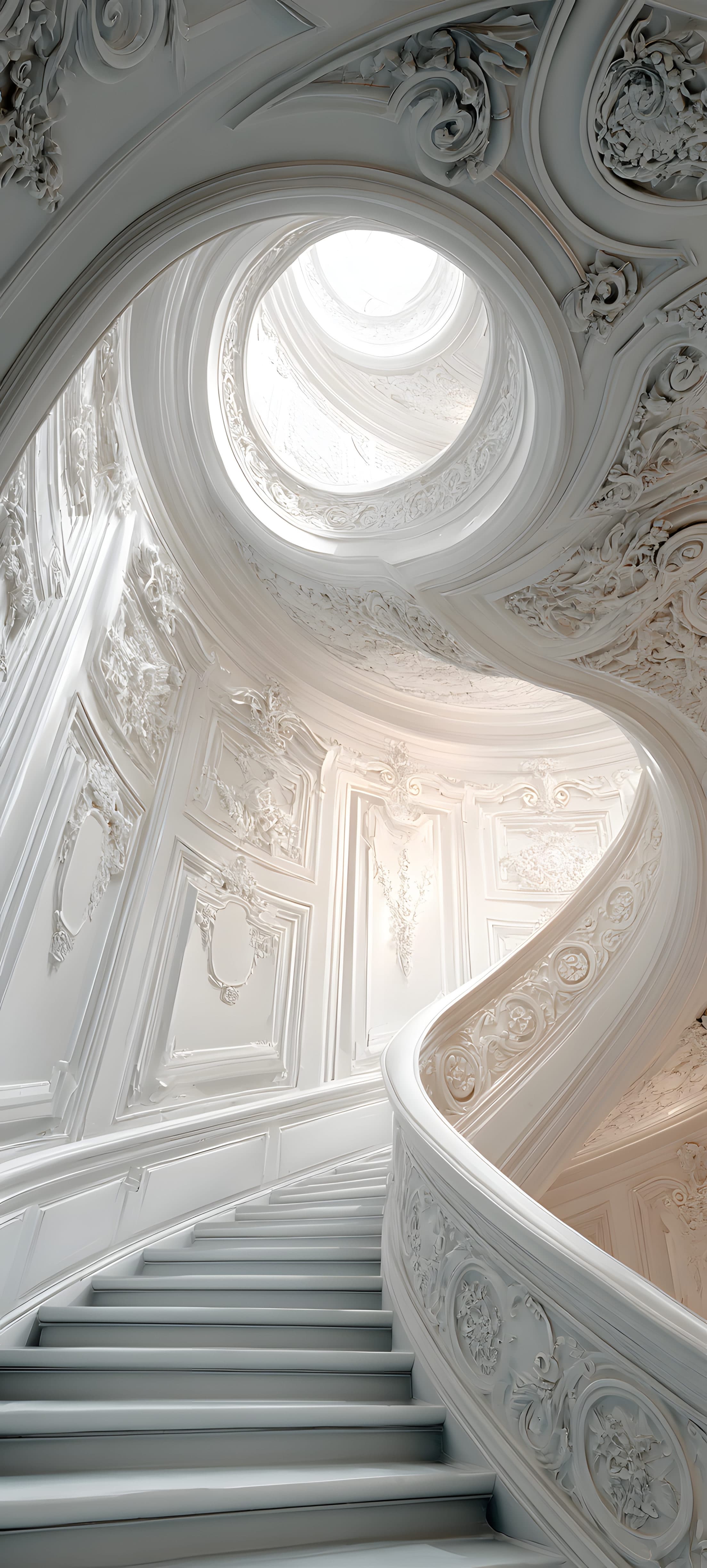 Elegant white baroque staircase with intricate carvings and a grand dome ceiling.