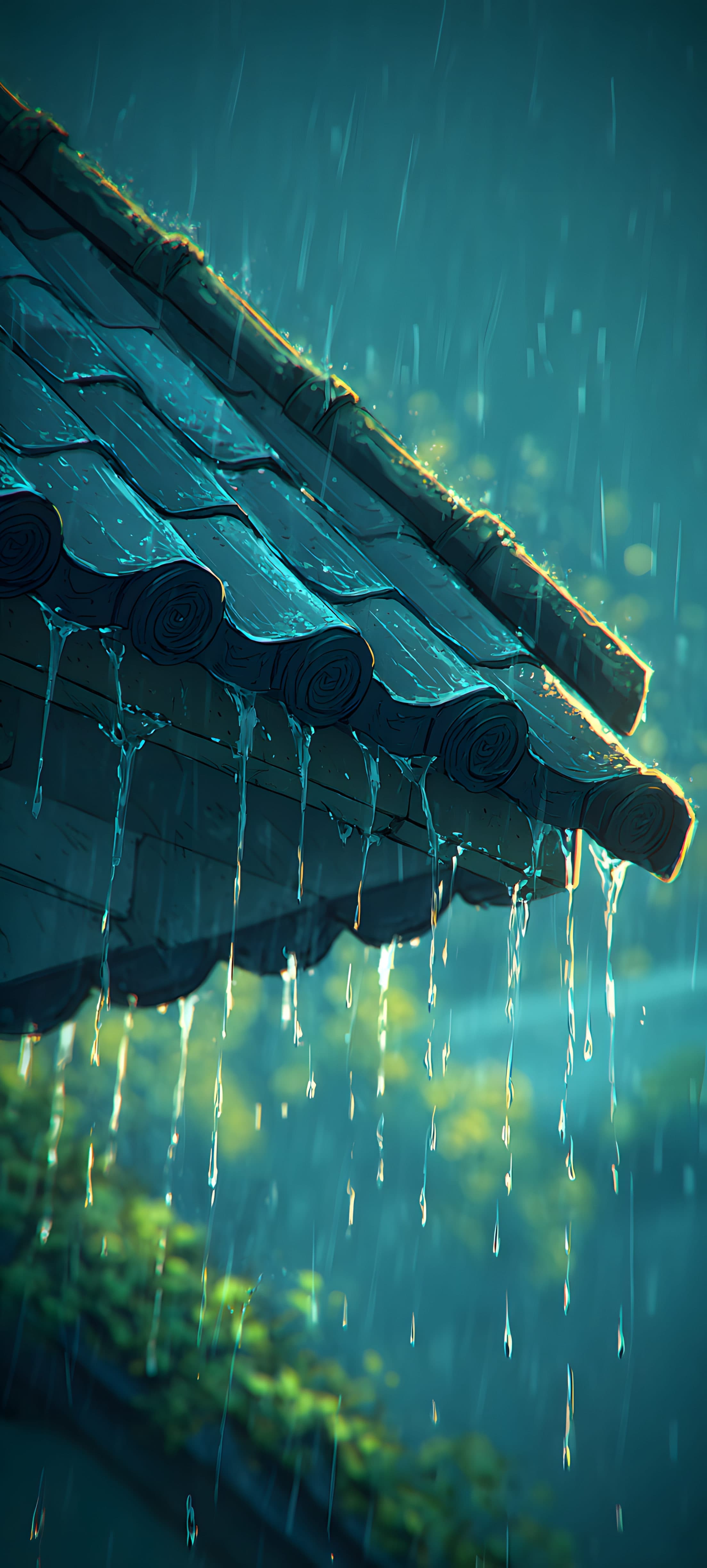 A traditional roof under a rainy night sky with blue and green hues, digital art style.
