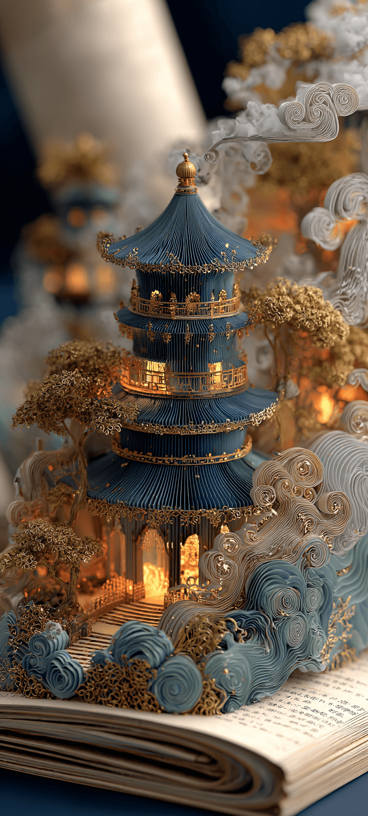 Golden pagoda with cherry blossoms on a book, 4K mobile wallpaper