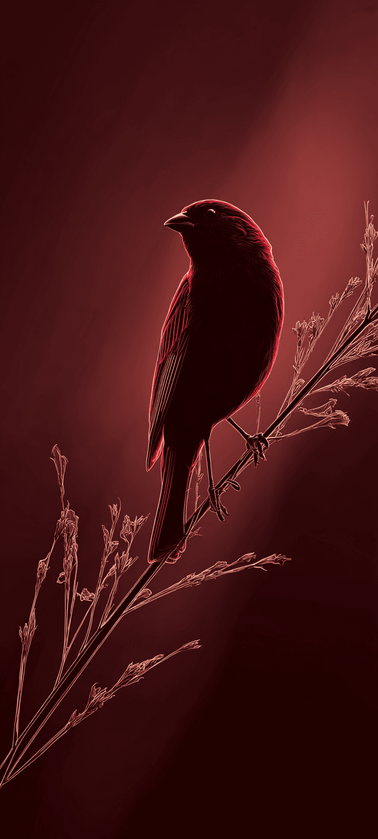 Red silhouette of a graceful bird perched on a branch against a dark moody red background, aesthetic mobile wallpaper