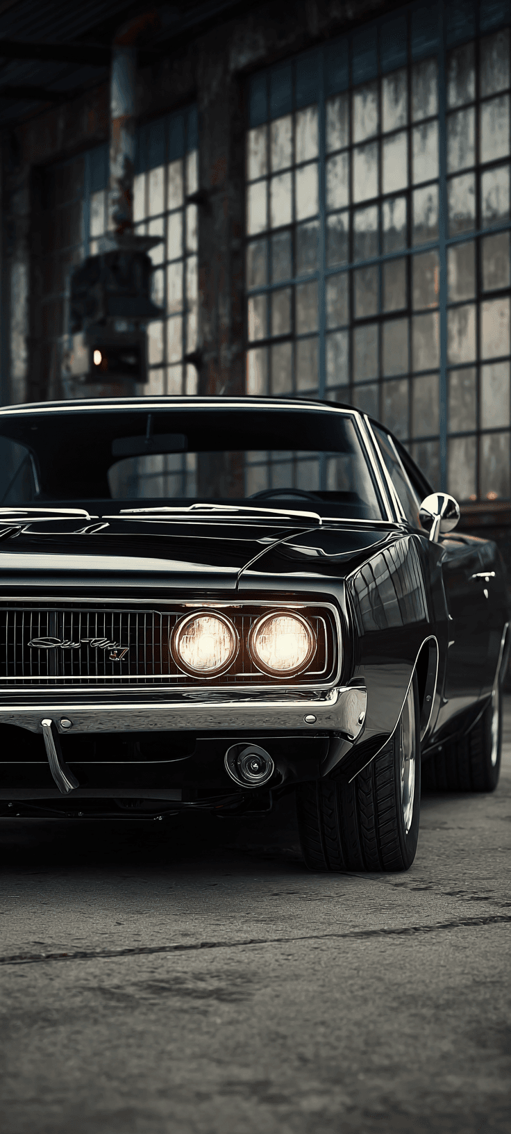 1970 Dodge Charger RT black muscle car with illuminated headlights in industrial warehouse, classic American muscle aesthetic mobile wallpaper