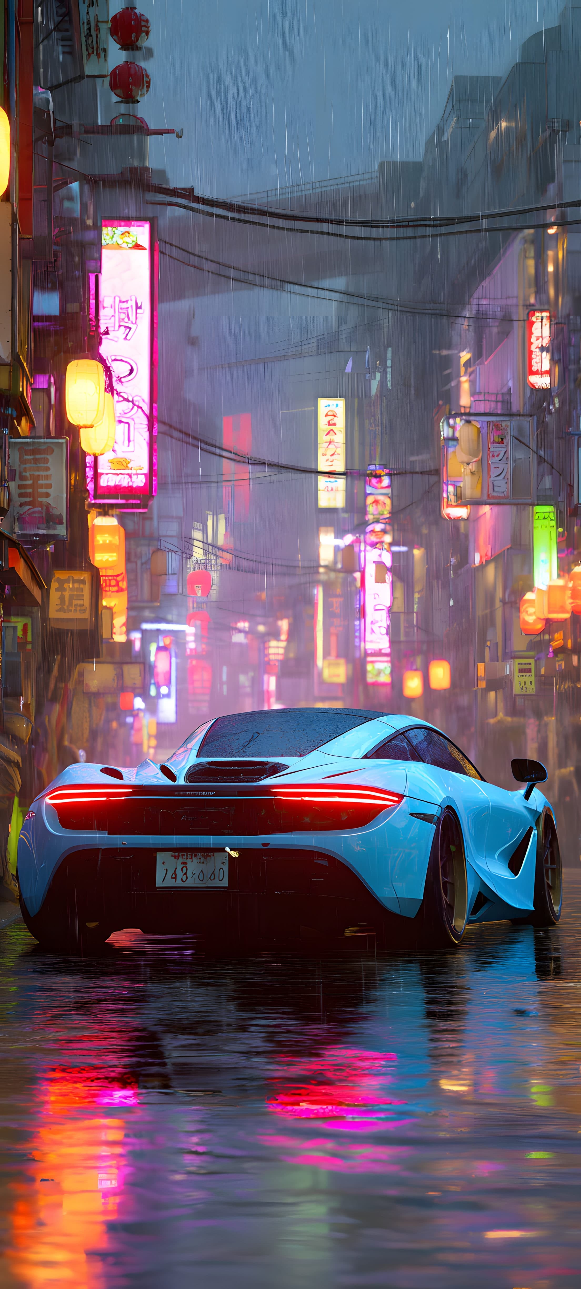 A blue sports car driving through a neon-lit city street at night with rain reflecting the lights
