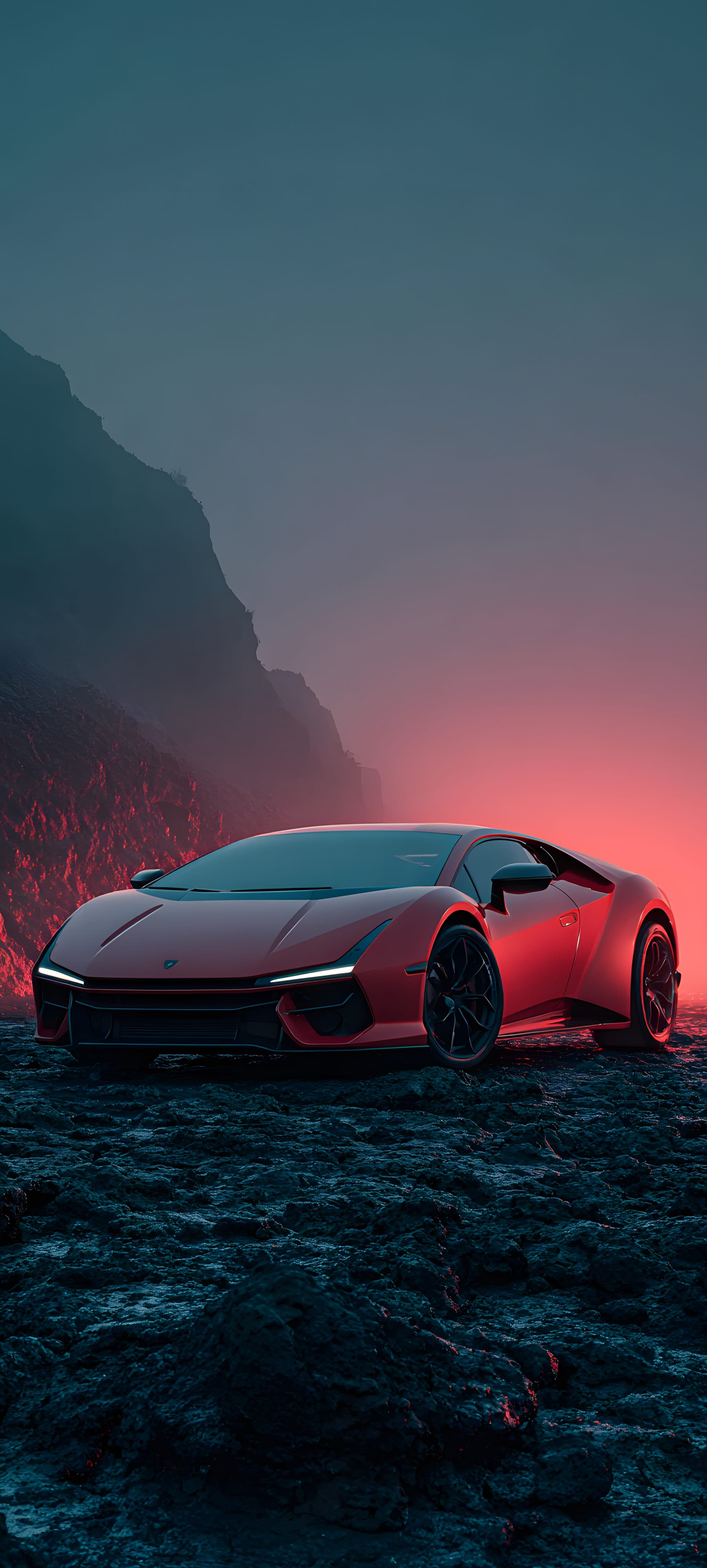 A red sports car parked on rugged terrain with a glowing volcano in the background, creating a dark and moody atmosphere.