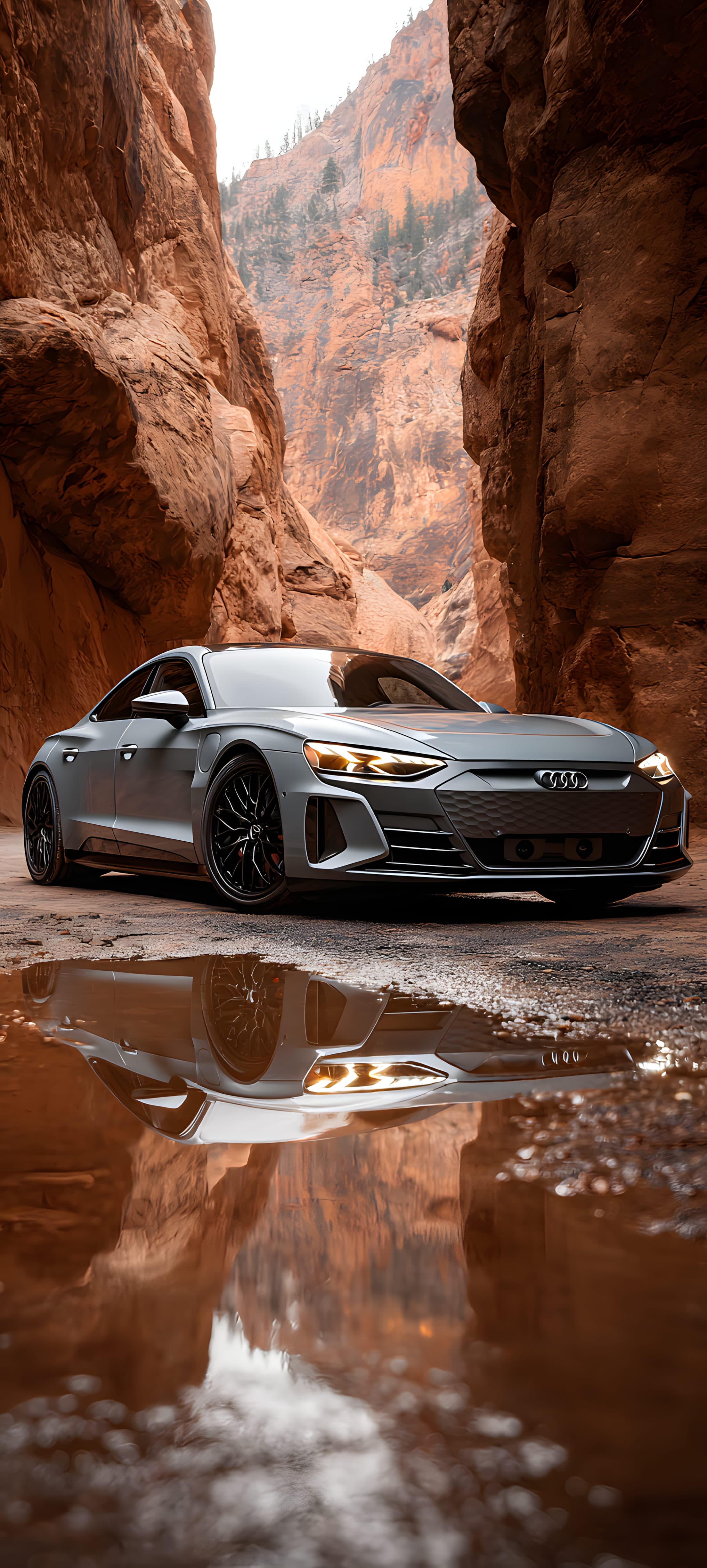 A silver sports car parked in a canyon with its reflection in a puddle, surrounded by towering red rock walls.
