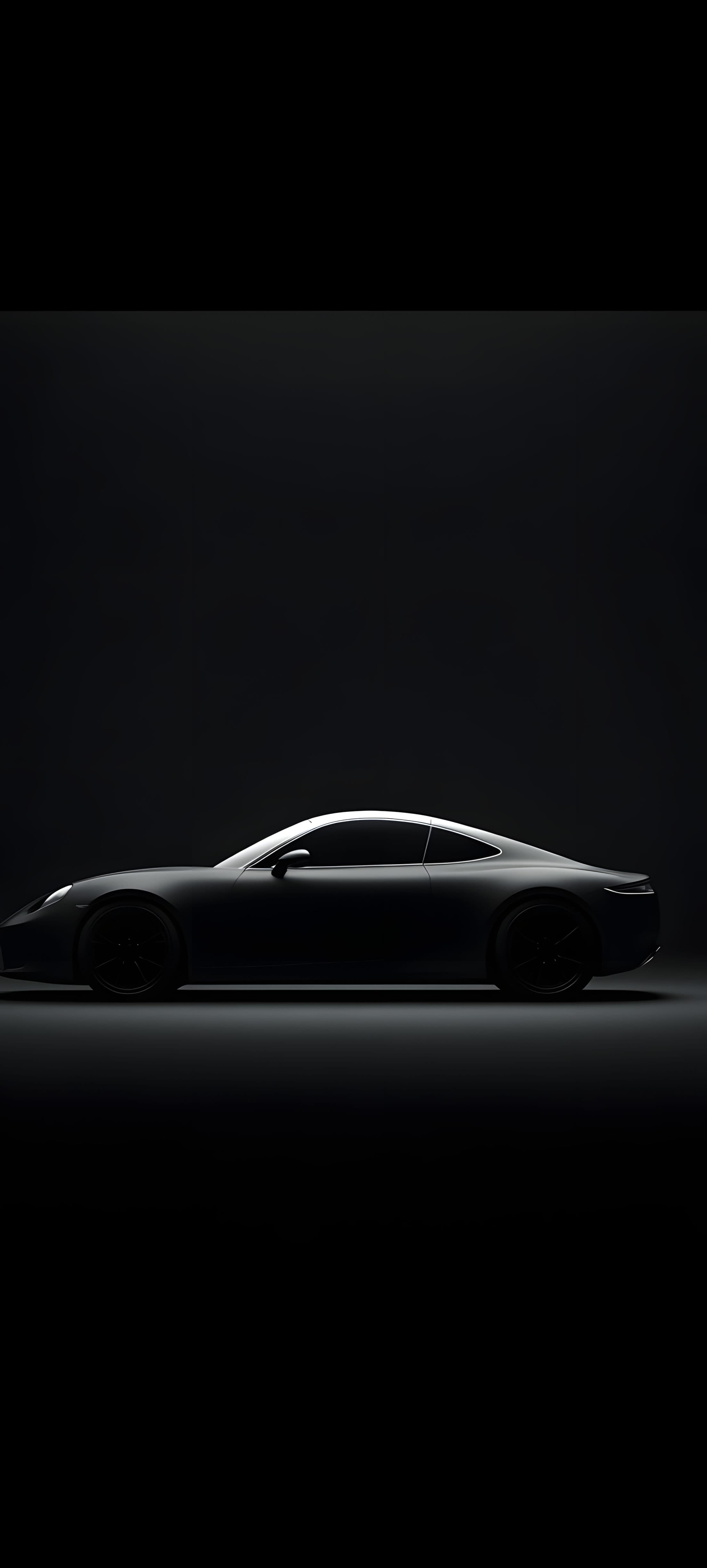 A sleek, dark sports car with a minimalist background, showcasing its aerodynamic design and glossy finish.