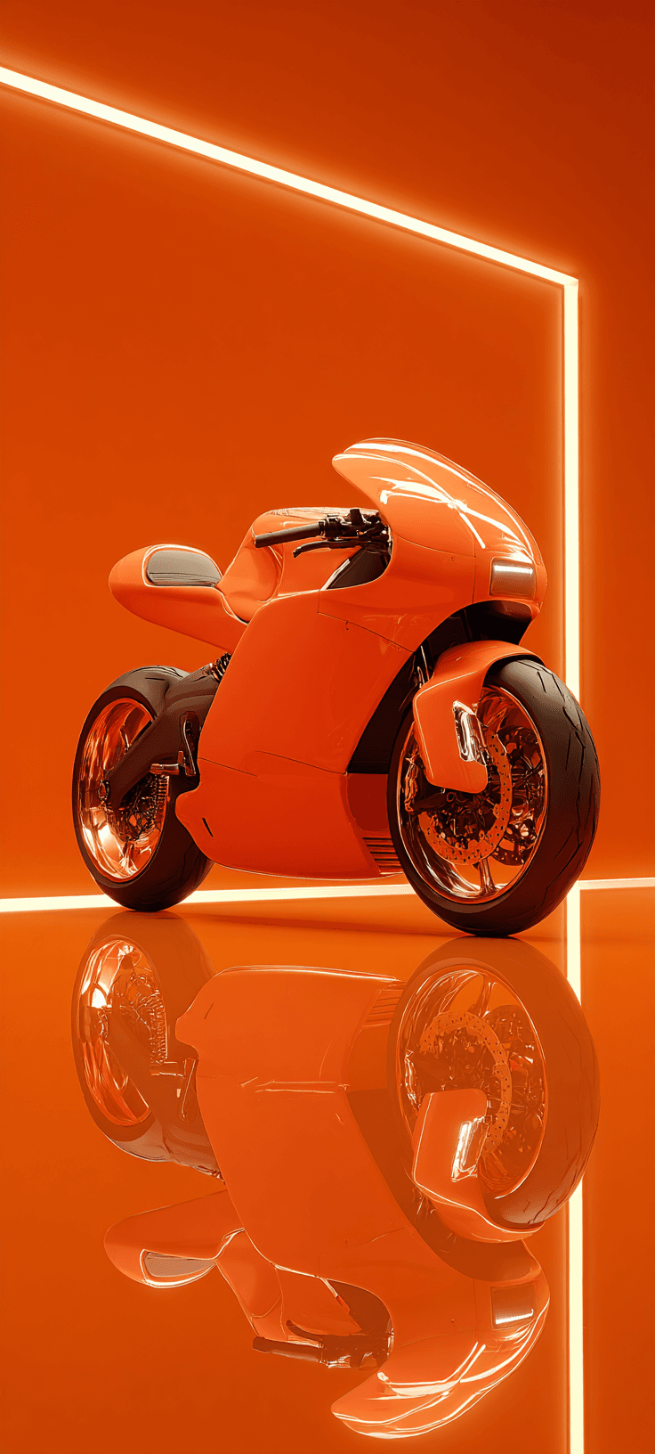 A futuristic orange motorcycle illuminated by neon lights in a dark room, creating a vibrant and energetic atmosphere.