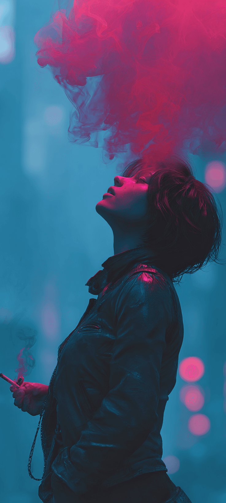 Side profile of a figure in a dark leather jacket exhaling dramatic pink and red smoke against a blurred teal neon city background — moody cyberpunk aesthetic mobile wallpaper